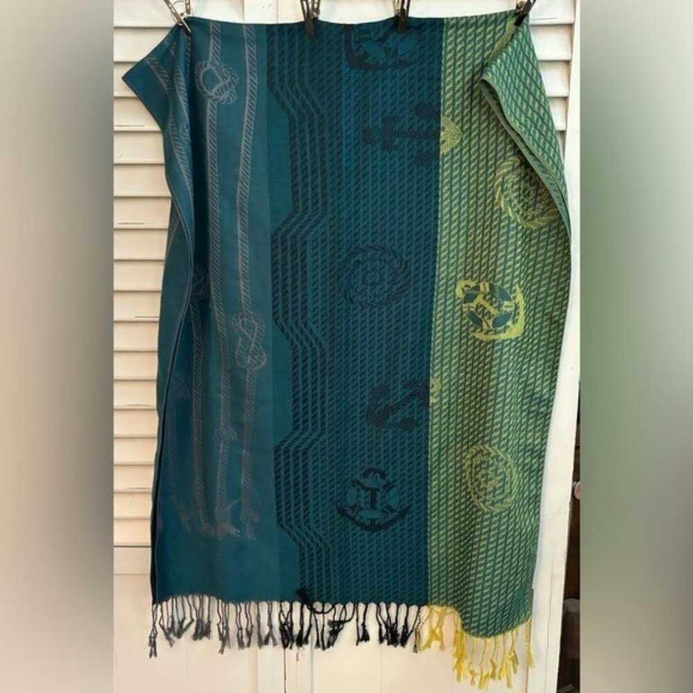Pashmina Reversible Green & Teal Scarf‎ With Fringe Edges